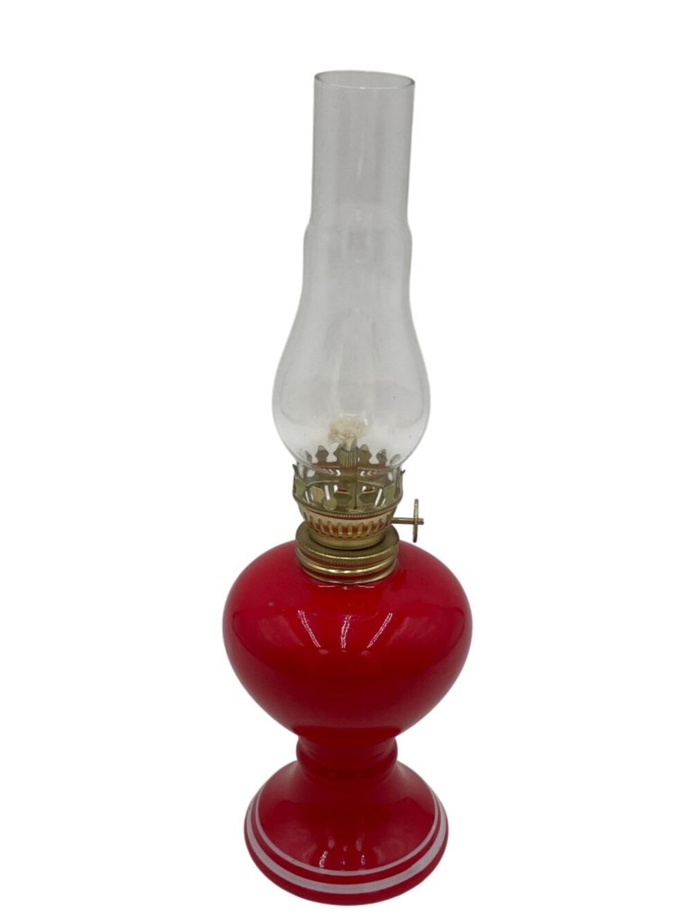 Vintage Red Glass Oil Lamp Brass Burner & Clear Chimney 10 Inches Tall